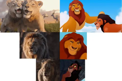 Mufasa lejonkungen och hans familj. Lejonungar som leker, Mufasa med Scar, och närbilder på lejon.