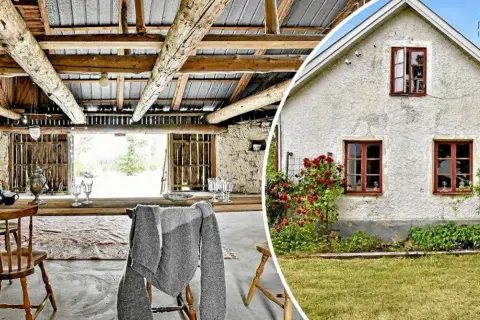 Rustik ladugård och charmigt hus med rosor, kanske en plats för Alex Schulman på Gotland.