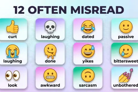 12 ofta missförstådda emojis och deras betydelse: tumme upp, dödskalle, skrattande, passiv, gråtande, klar, yikes, bittersweet, ögon, generad, sarkasm, oberörd.