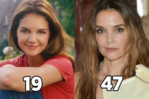 Katie Holmes, en av skådespelarna i rollistan i Dawsons Creek, som 19-åring och som 47-åring.