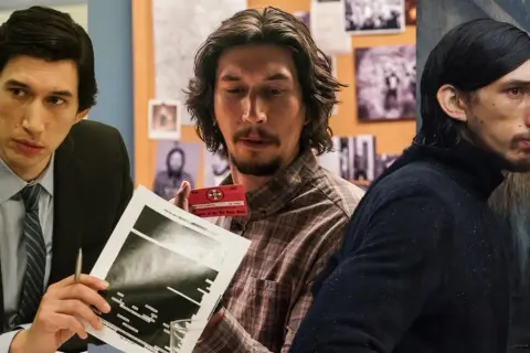 Adam Driver i tre olika roller från filmer. Han syns i kostym, rutig skjorta och med mörkt hår.