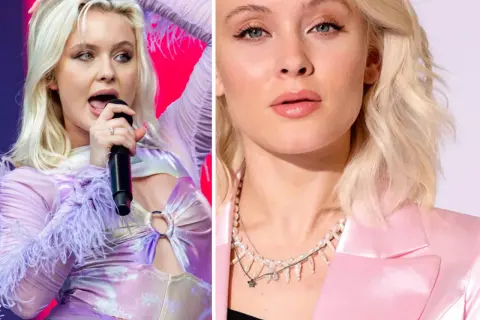 Zara Larsson, svensk popstjärna, med mikrofon och i rosa kavaj. Hennes zara larsson net worth är imponerande.