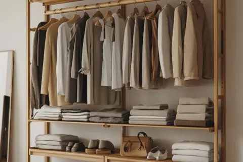 En garderob med kläder i neutrala färger, som visar en genomtänkt personlig stil. Här hänger plagg på galgar och ligger prydligt vikta på hyllor.