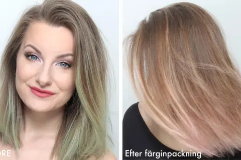 Före och efterbild på hår som fått en rosa ton efter färgning. Askobinsyra kan ge liknande resultat.
