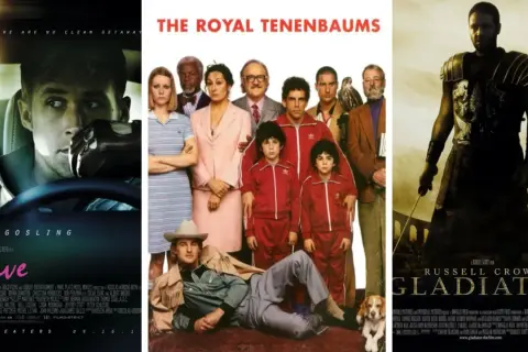Tre filmaffischer: "Drive" med Ryan Gosling, "The Royal Tenenbaums" med en ensemblecast, och "Gladiator" med Russell Crowe. Perfekt för mysiga filmer.