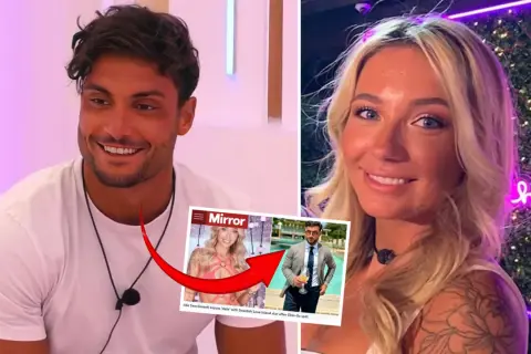 Davide från Love Island med en tidning som visar Nicci, en svensk Love Island-stjärna.