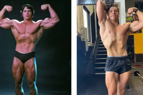 Arnold Schwarzenegger och Joseph Baena visar upp sina muskler i en jämförelse.