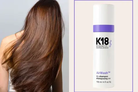 Långt, brunt hår som svajar. Bredvid en flaska K18 AirWash dry shampoo, för fräscht hår mellan tvättar.