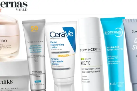 Flera solskyddsprodukter med SPF, inklusive SkinCeuticals och Bioderma, visas.