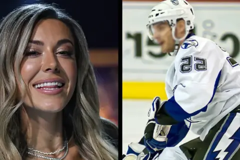 Bianca Ingrosso ler glatt medan en hockeyspelare, möjligen Patrick Cehlin, spelar.