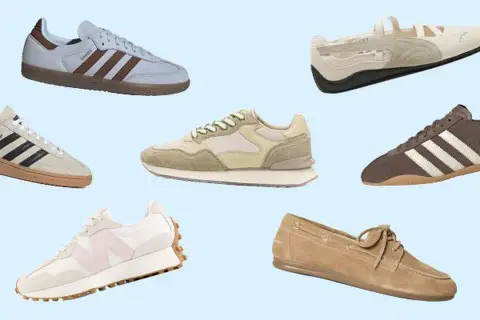 Samling av sneakers som visar den senaste sneakers trenden, med olika märken och stilar.