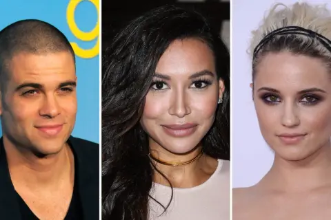 Skådespelarna Mark Salling, Naya Rivera och Dianna Agron från rollistan i Glee.