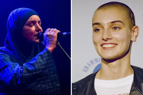Sinead O'Connor med långt hår och som ung, samt senare med hijab och sjungande.