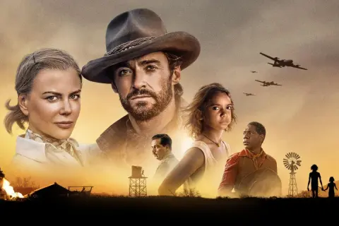 Nicole Kidman och Hugh Jackman i en episk berättelse om australiska filmer. En ung flicka och en man står vid en väderkvarn.