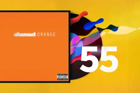 Orange skivomslag med texten "channel ORANGE" och en "Parental Advisory" etikett. Bredvid syns en vinylskiva med färgglada former och siffran 55. En hyllning till Frank Oceans nya album.