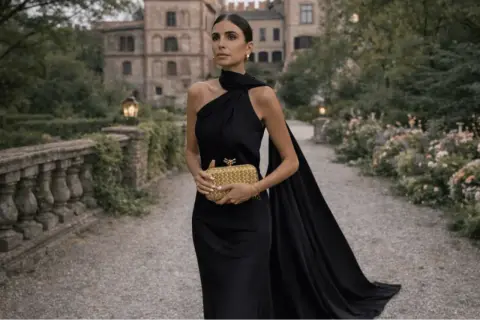 Kvinna i elegant svart klänning med släp, perfekt för black tie dress code women. Hon håller en guldig clutch.