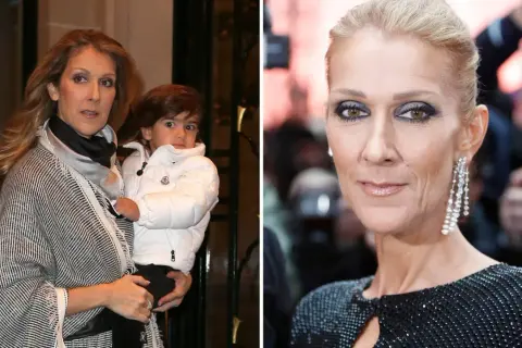 Celine Dion håller sitt barn, en pojke i vit jacka. Till höger syns Celine Dion med smink och örhängen.