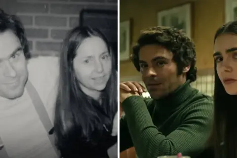 Bilden visar en jämförelse mellan verkliga foton och scener från filmen Ted Bundy.