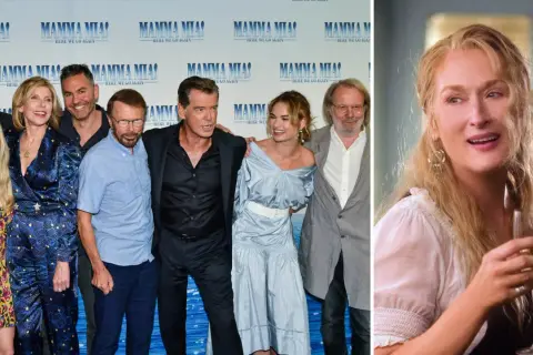 Skådespelarna från Mamma Mia! Here We Go Again samlade, med Meryl Streep som njuter av ett glas. Mamma mia 3!