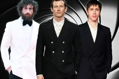 Tre män i kostym, en vit, en svart och en randig, poserar framför en Bond-inspirerad bakgrund. Kan någon av dem vara den nya James Bond?