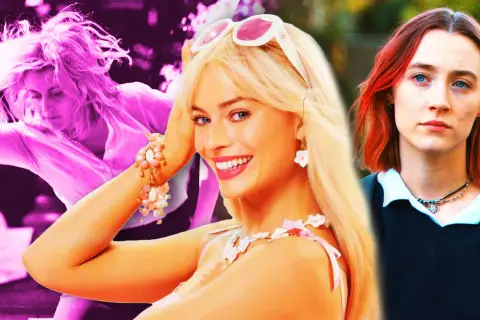 Tre kvinnor från filmer med Greta Gerwig: en i rosa, en som Barbie och en med rött hår.