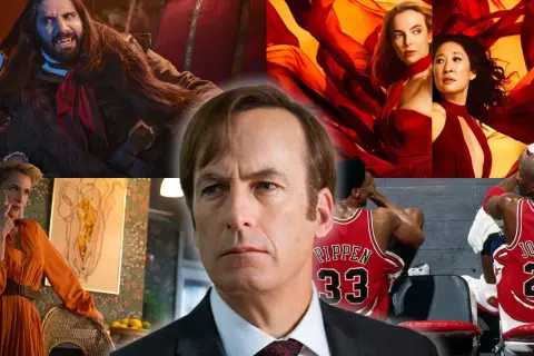 Collage med scener från bra serier: vampyrer, kvinnor i rött, en man i kostym och basketspelare.