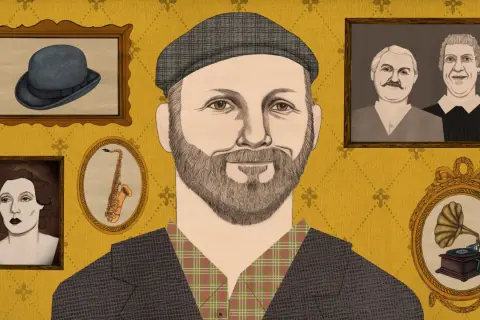 Illustration of a man with a beard and cap, surrounded by framed portraits of a woman, a saxophone, two men, and a gramophone.