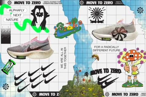 En sko och en svampkaraktär med texten "MOVE TO ZERO" som symboliserar Nikes resa mot en koldioxidfri framtid.