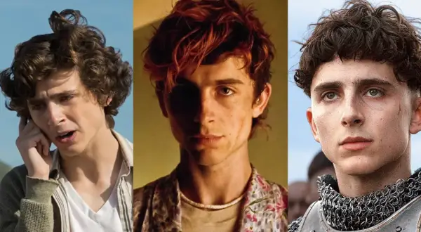 Timothée Chalamet i tre olika roller från sina filmer: en ung man som pratar i telefon, en med rött hår och blommig skjorta, och en riddare i rustning.
