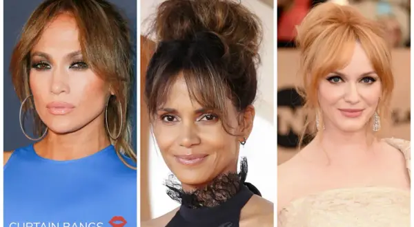 Tre kändisar visar hur man stylar curtain bangs: J.Lo, Halle Berry och Christina Hendricks.
