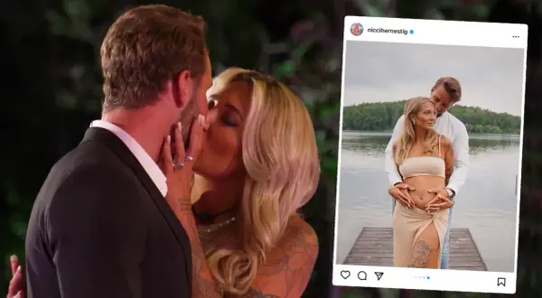 Nicci Hernestig från Love Island, gravid och lycklig med sin partner vid en sjö.