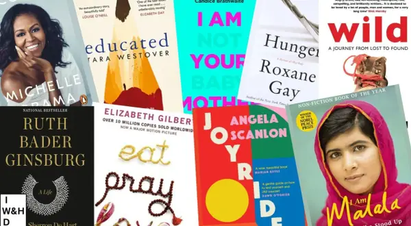 En samling omslag till **best biographies**, inklusive Michelle Obama, Ruth Bader Ginsburg och Malala Yousafzai.
