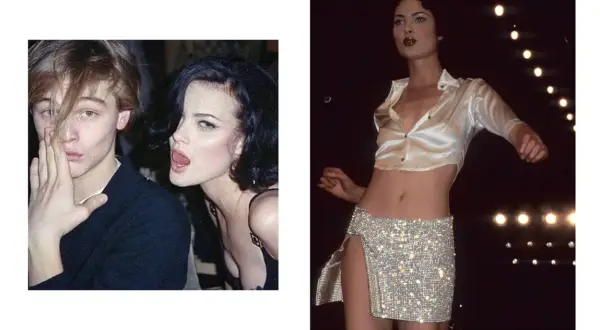Shalom Harlow 90s-stil med Leonardo DiCaprio. En annan bild visar Shalom Harlow i en glittrig minikjol och satin-topp.
