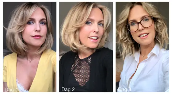 Kvinnan visar upp sin kort page med uppklippt nacke i tre olika outfits.