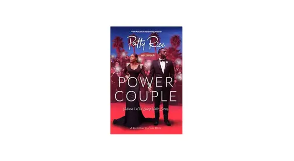 Ett elegant power couple håller varandra i handen framför Hollywood-skylten. Boken "Power Couple" av Patty Rice.