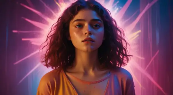 En ung kvinna med lockigt hår badar i neonljus, en känsla av ren euphoria rollista.