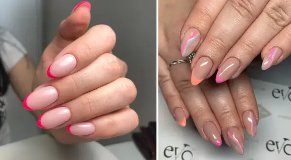 Två olika stilar av fransk manikyr. Den ena med neonrosa kanter, den andra med pastellfärgade linjer och orange kanter.