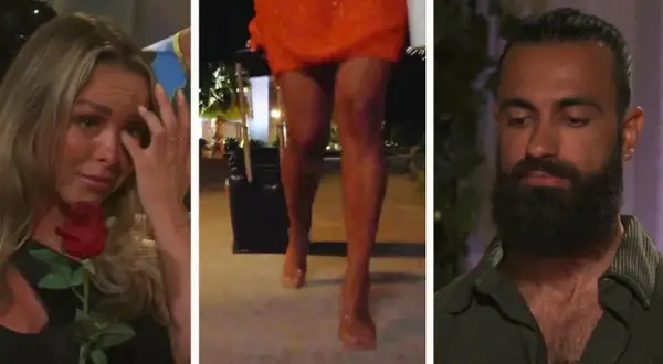 En ledsen kvinna med en ros, en kvinna i orange klänning som går, och en man med skägg. Känslosamt ögonblick i sia bachelor.