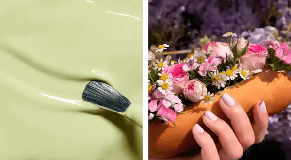 En pensel doppas i ljusgrönt nagellack. En hand med ljusa vårnaglar 2026 håller en orange form fylld med rosa blommor.