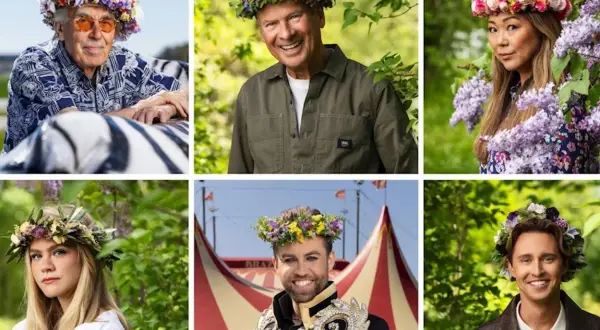 Sex personer med blomsterkransar på huvudet. En härlig sommarbild som får en att vilja lyssna på gamla sommarpratare.