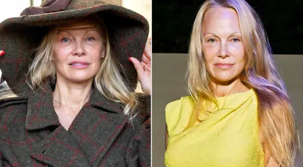 Pamela Anderson no makeup, i vänster bild med hatt och rutig kappa, i höger bild i gul klänning.