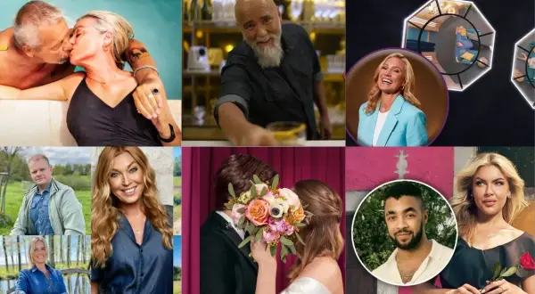 Collage med scener från svenska realityserier: par som kysser varandra, en man med skägg, en kvinna i blå kavaj, ett brudpar, och flera porträtt av deltagare.