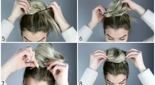 Skapa en elegant knut. Steg 5-8 visar hur man formar och fäster håret för en perfekt sleek bun.