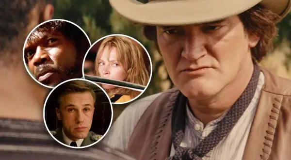 En filmisk Quentin-collage med Samuel L. Jackson, Uma Thurman och Christoph Waltz.