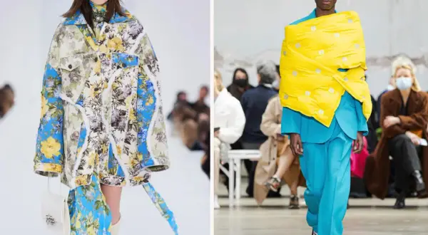 Balenciaga models visar upp unika, blommiga jackor och en modell i turkost med en stor, gul scarf.