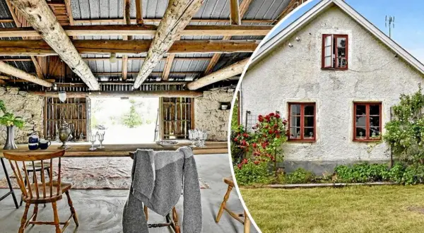 Rustik ladugård och charmigt hus med rosor, kanske en plats för Alex Schulman på Gotland.