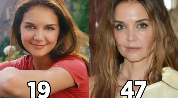 Katie Holmes, en av skådespelarna i rollistan i Dawsons Creek, som 19-åring och som 47-åring.