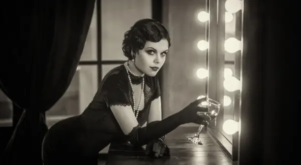 En kvinna i 1920-talsmode med pärlhalsband och långa handskar håller ett glas vin.