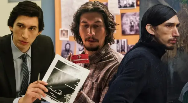 Adam Driver i tre olika roller från filmer. Han syns i kostym, rutig skjorta och med mörkt hår.