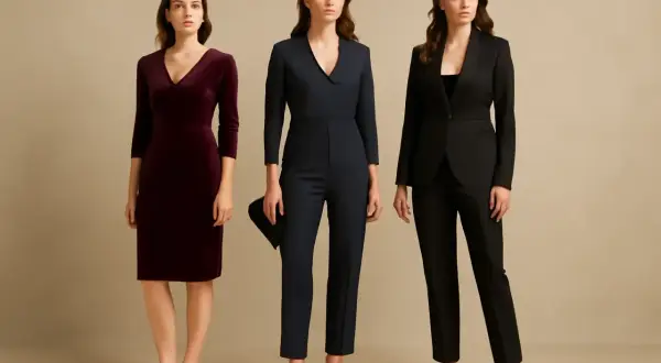 Tre kvinnor visar upp eleganta kläder för cocktail dress code: en vinröd klänning, en mörkblå jumpsuit och en svart kostym.